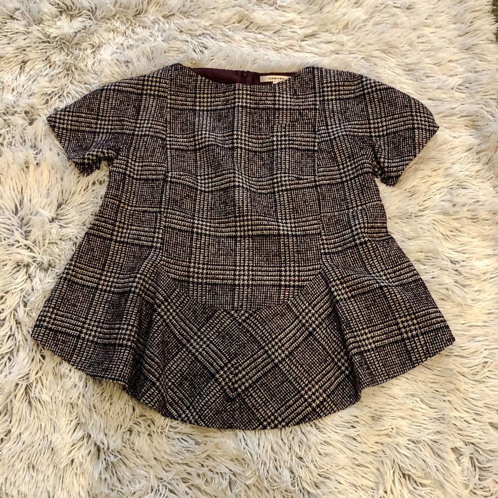 Carven Houndstooth Plaid Peplum Top Plum Black White